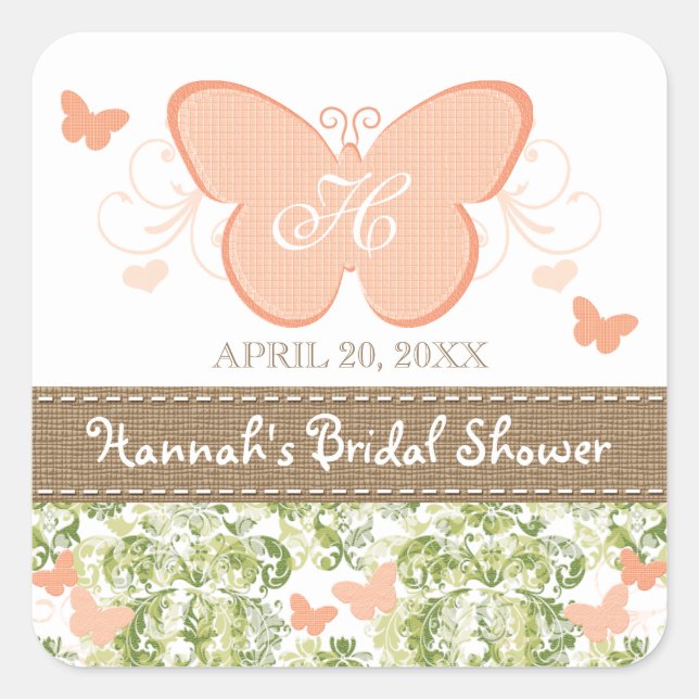 STICKER CARRÉ PEACH BUTTERFLY BRIDAL WEDDING SHOWER FAVORISER LE (Devant)