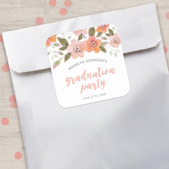 Sticker Carré Peach Delicate Floral Graduation Party (Créateur téléchargé)