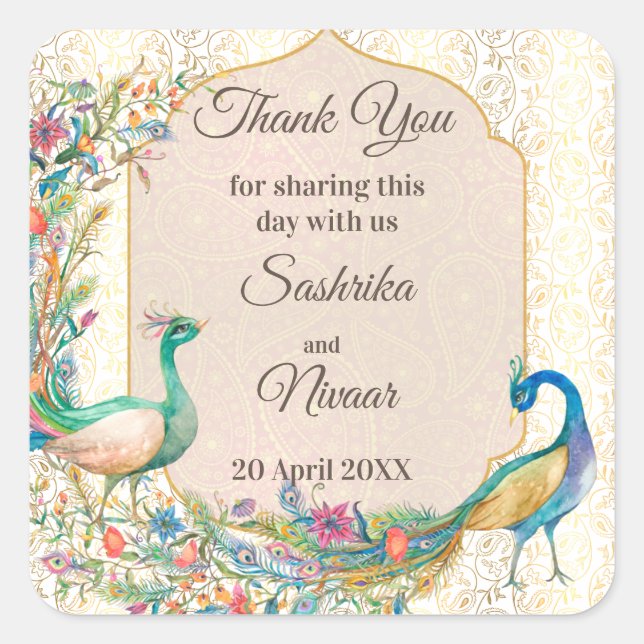 Sticker Carré Peacock Arabe motif Indien mariage faveur cadeau (Devant)