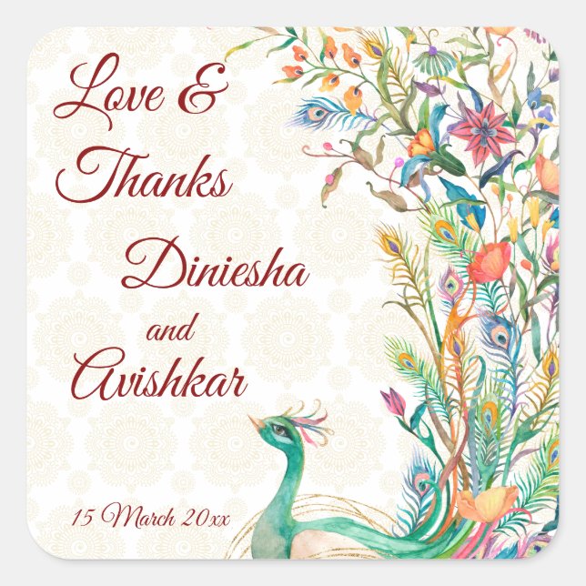Sticker Carré Peacock Arabe motif Indien mariage faveur cadeau (Devant)