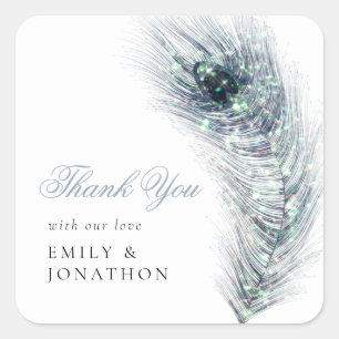 Sticker Carré Peacock Feather Newlywets Noms Merci Mariage