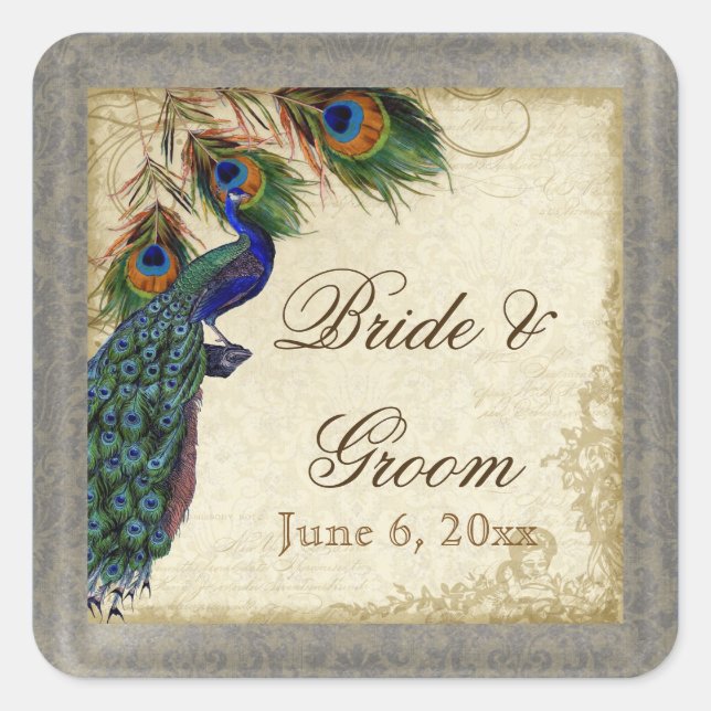 Sticker Carré Peacock & Feathers Formal Wedding Favor Seals Tags (Devant)