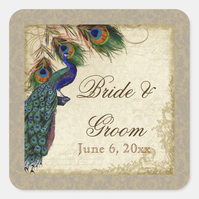 Sticker Carré Peacock & Feathers Formal Wedding Favor Seals Tags (Devant)