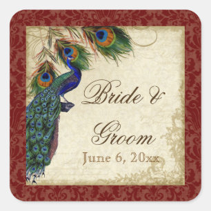 Sticker Carré Peacock & Feathers Formal Wedding Favor Seals Tags