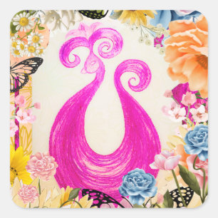Sticker Carré Peacock Plum rose avec fleurs colorées