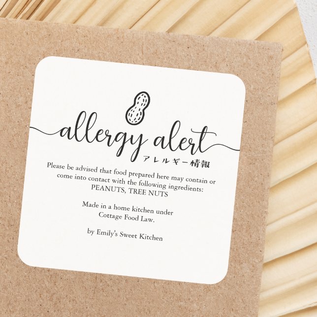 Sticker Carré Peanut Allergy Alert Warning Minimalist (Créateur téléchargé)
