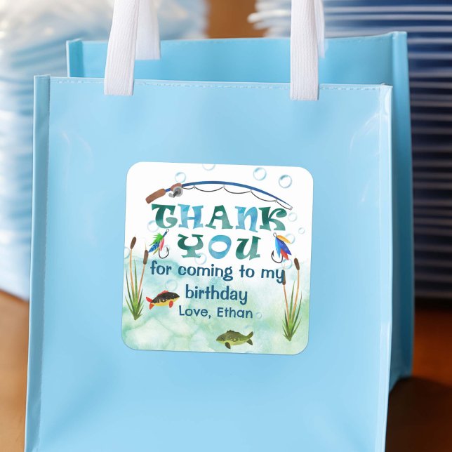 Sticker Carré Pêche à thème, o-poisson-allié, 1er anniversaire d (Fishing themed, O fish ally, birthday, boy 1st birthday thank you favor stickers.)
