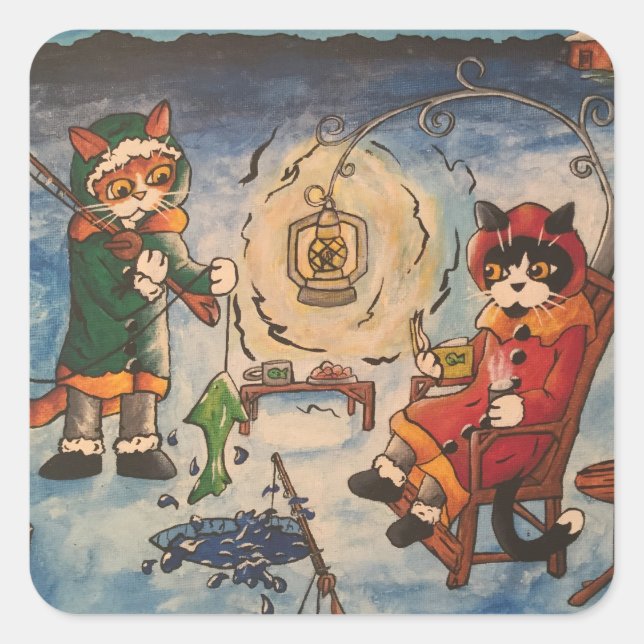 Sticker Carré Pêche sur glace aux chats de nuit (Devant)