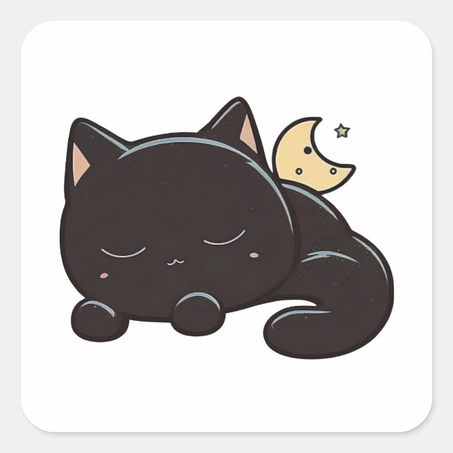 Sticker Carré Pegatina con Gato Negro Dormido Kawaii (Devant)