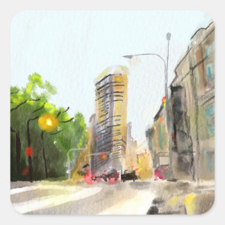 Sticker Carré peinture à l'aquarelle Cityscape