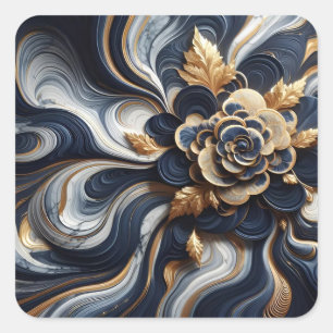 Sticker Carré Peinture Abstraite Marbre Bleu Marine et Or