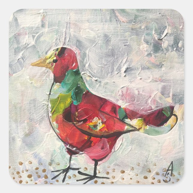 Sticker Carré Peinture acrylique artisanale _ bocho oiseau (Devant)