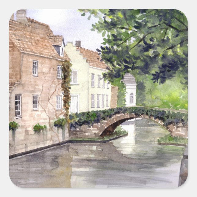 Sticker Carré Peinture aquarelle de Bruges par Farida Greenfield (Devant)