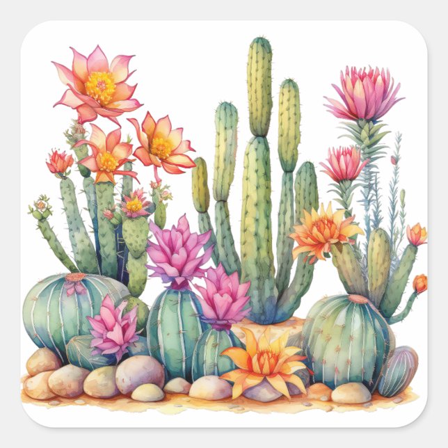 Sticker Carré Peinture d'aquarelle botanique Succulente de Cactu (Devant)