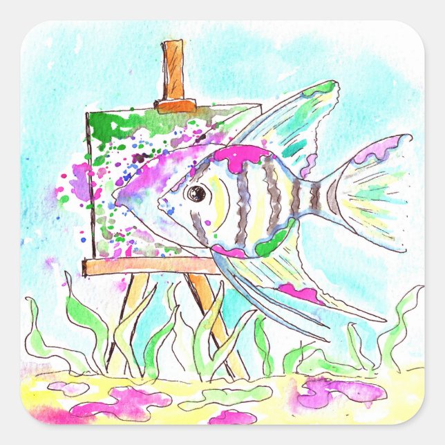 Sticker Carré Peinture d'artiste des poissons-anges (Devant)