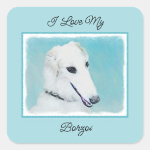 Sticker Carré Peinture de Borzoi (Blanc) - Joli Chien d'origine