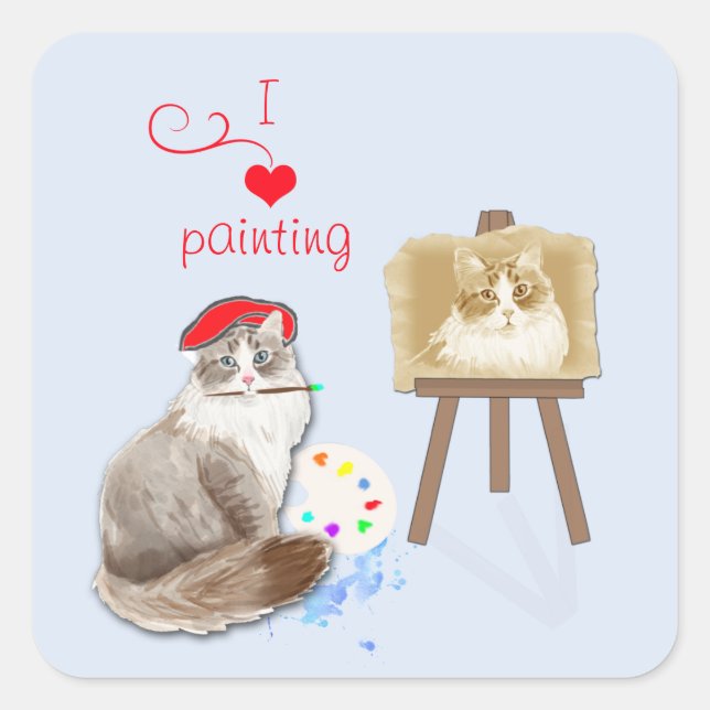 Sticker Carré Peinture de chat artisanale (Devant)