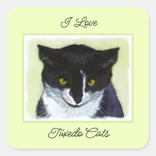 Sticker Carré Peinture de chat Tuxedo - Cute Original Cat Art