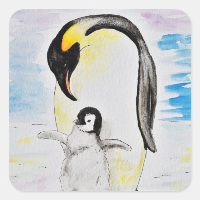 Sticker Carré Peinture de l'empereur Penguin et de l'aquarelle d (Devant)