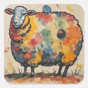 Sticker Carré Peinture de mouton à l'aquarelle ludique