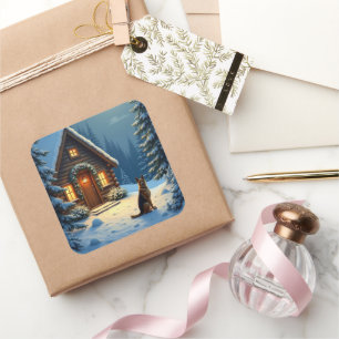 Sticker Carré Peinture de Noël de cabane enneigée avec Berger Al
