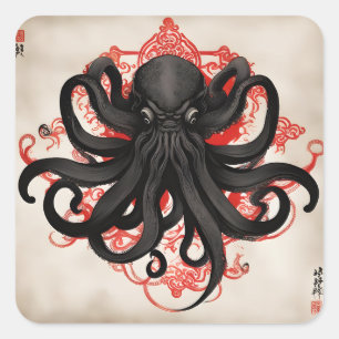 Sticker Carré Peinture d'encre asiatique de Cthulhu