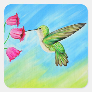 Sticker Carré Peinture des colibris et des fleurs roses