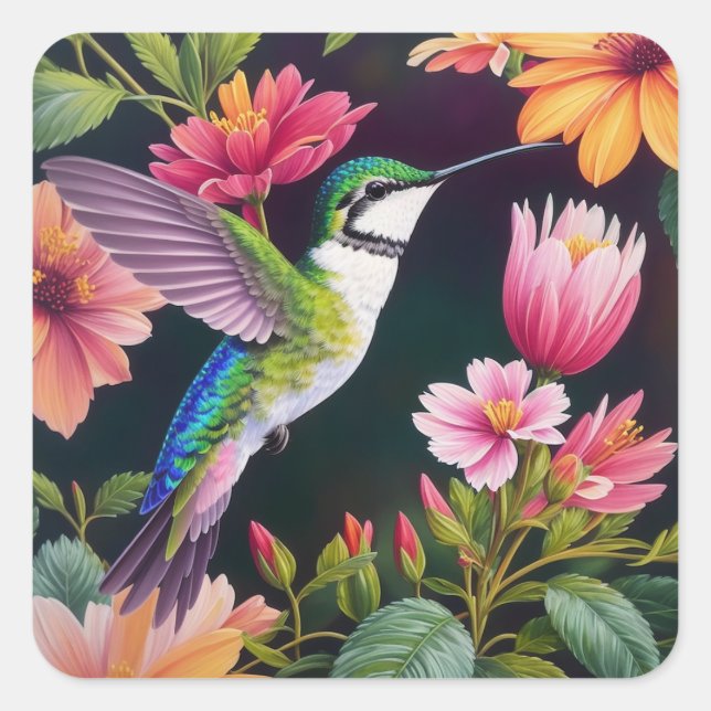 Sticker Carré Peinture florale colorée de colibri (Devant)
