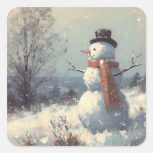 Sticker Carré Peinture Vintage Snowman