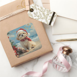 Sticker Carré Pekingese Chien Noël Plage Vintage