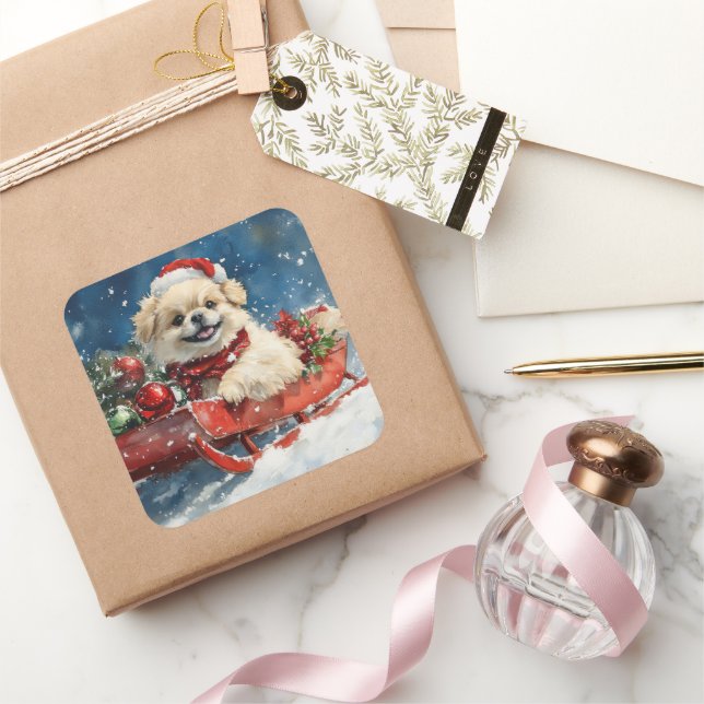 Sticker Carré Pekingese Dog in Sledge Let it Snow Christmas (Cadeaux)