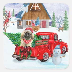 Sticker Carré Pékinois dans un camion de livraison de Noël sous 