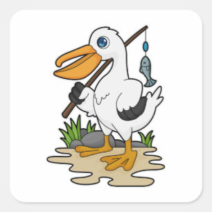 Sticker Carré Pélican comme pêcheur avec la baguette de pêche et