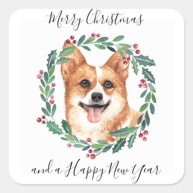 Sticker Carré Pembroke Welsh Corgi Chien Élégant Joyeux Noël (Devant)