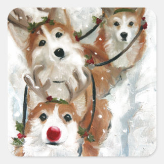 Sticker Carré pembroke welsh Corgi Christmas Reindeer