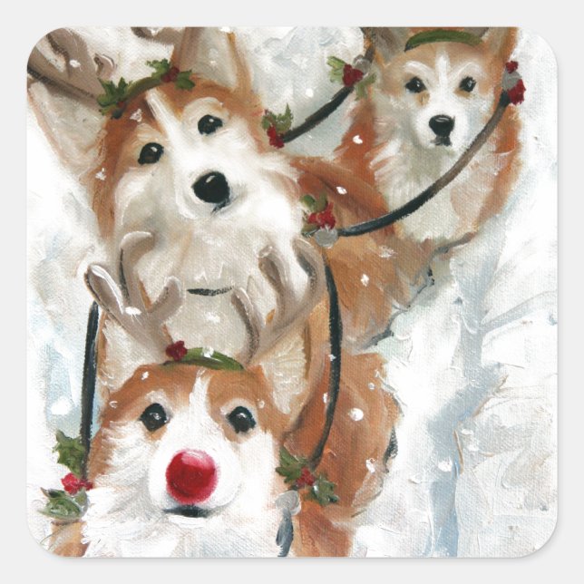 Sticker Carré pembroke welsh Corgi Christmas Reindeer (Devant)