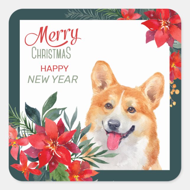 Sticker Carré Pembroke Welsh Corgi Poinsettia Bouquet Noël  (Devant)