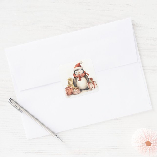Sticker Carré Penguin Avec Cadeaux De Vacances (Enveloppe)