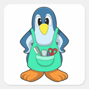 Sticker Carré Penguin coiffeur avec ciseaux et razor