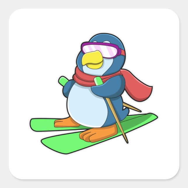 Sticker Carré Penguin en ski avec Ski Scarf & Lunettes de soleil (Devant)
