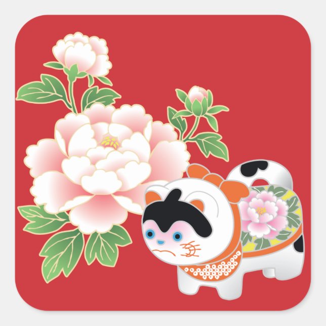 Sticker Carré Peonies & Chiens Lion Japonais Kimono Motif (Devant)