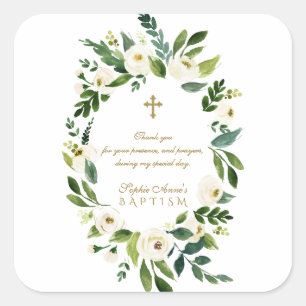 Sticker Carré Peonies florales blanches modernes Wreath Baptême