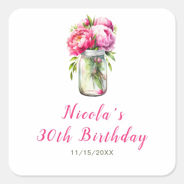Sticker Carré Peonies roses Mason Jar Anniversaire (Devant)