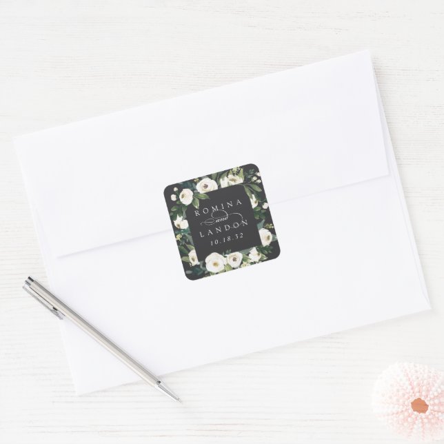 Sticker Carré Peony blanc | Mariage de cadre floral personnalisé (Enveloppe)