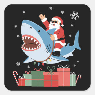 Sticker Carré Père Noël à cheval sur un requin pyjama de Noël mi