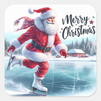 Sticker Carré Père Noël aime patiner sur un étang enneigé