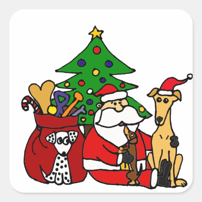 Sticker Carré Père Noël amusant et Chiens de Chiens de Noël Art (Devant)