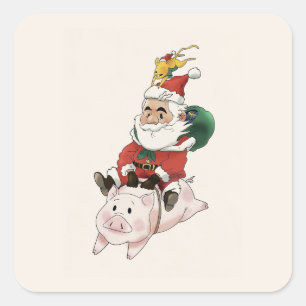 Sticker Carré Père Noël Arrivent Un Cochon Avec Une Souris Sur L