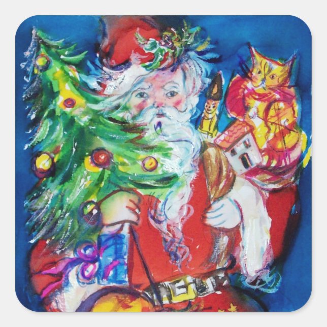 STICKER CARRÉ PÈRE NOËL AVEC ARBRE DE NOËL ET CADEAUX (Devant)