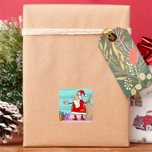Sticker Carré Père Noël Avec Cadeaux Et Un Sacoche